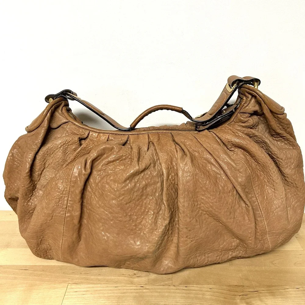 Vtg Y2k Juicy Couture Brown Leather Bag Slouchy Hobo Chunky Gold Chain Boho